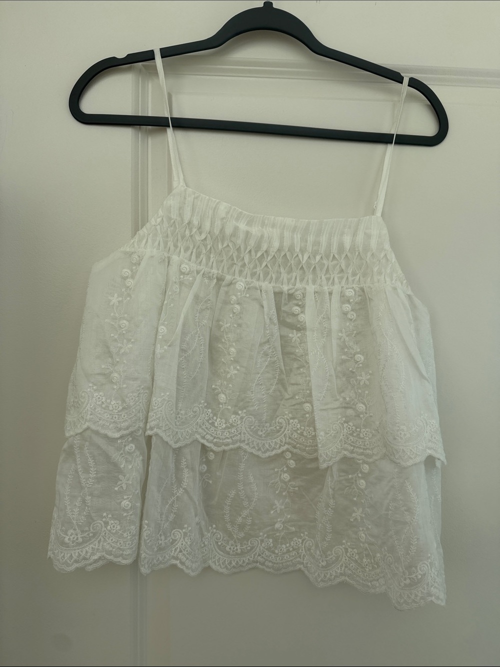 Aqua White Embroidered Smocked Tiered Cami